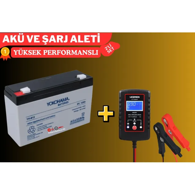 Yokohama 6 Volt 12 Amper Akü ve Ucomen 6/12 Volt 2 Amper Şarj Aleti Yokohama 6 Volt 12 Amper Akü ve Ucomen 6/12 Volt 2 Amper Şarj Aleti